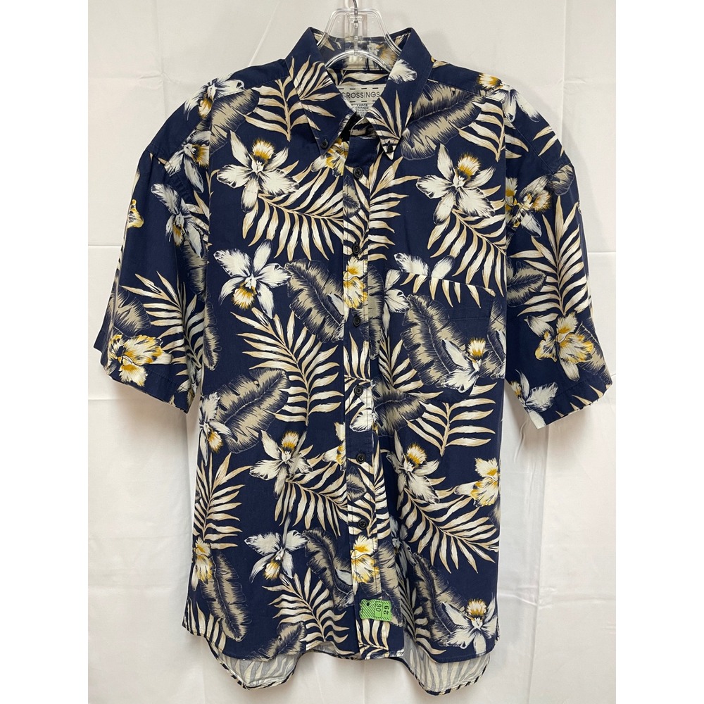 Vintage Crossings Mens L Navy Hawaiian Tropical Aloha Cotton Short Sleeve Shirt